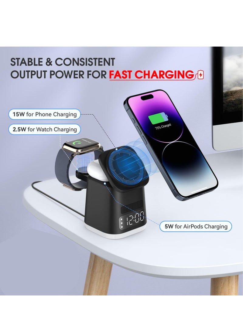 Excefore 3 in 1 Charging Station with Night Light and Alarm Clock  Iphone Iwatch Airpod Wireless Charging Dock Travel Charger Combo For IPhone 15/14/13/12 Pro/Max/Plus AirPods Watch - Image 5