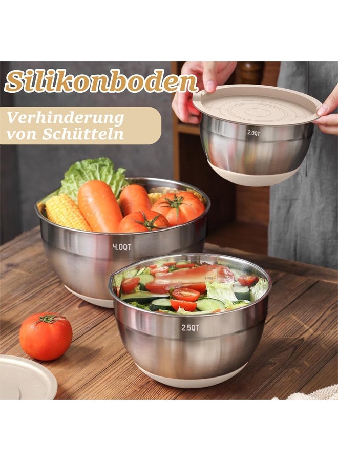 DUNISO 6 Pcs Mixing Bowls Set with Airtight Lid and Silicone Base，Salad Dough Baking Bowl,Stainless Steel Metal Mixing Bowls with 3 Grater Attachments,for Mixing，Serving，Baking and Cooking - Image 5