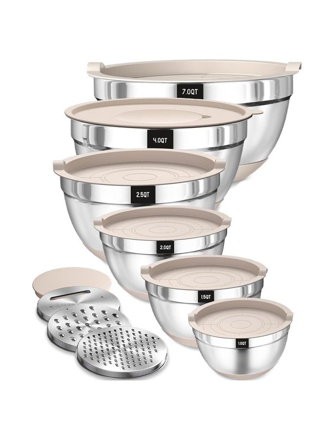 DUNISO 6 Pcs Mixing Bowls Set with Airtight Lid and Silicone Base，Salad Dough Baking Bowl,Stainless Steel Metal Mixing Bowls with 3 Grater Attachments,for Mixing，Serving，Baking and Cooking - Image 1