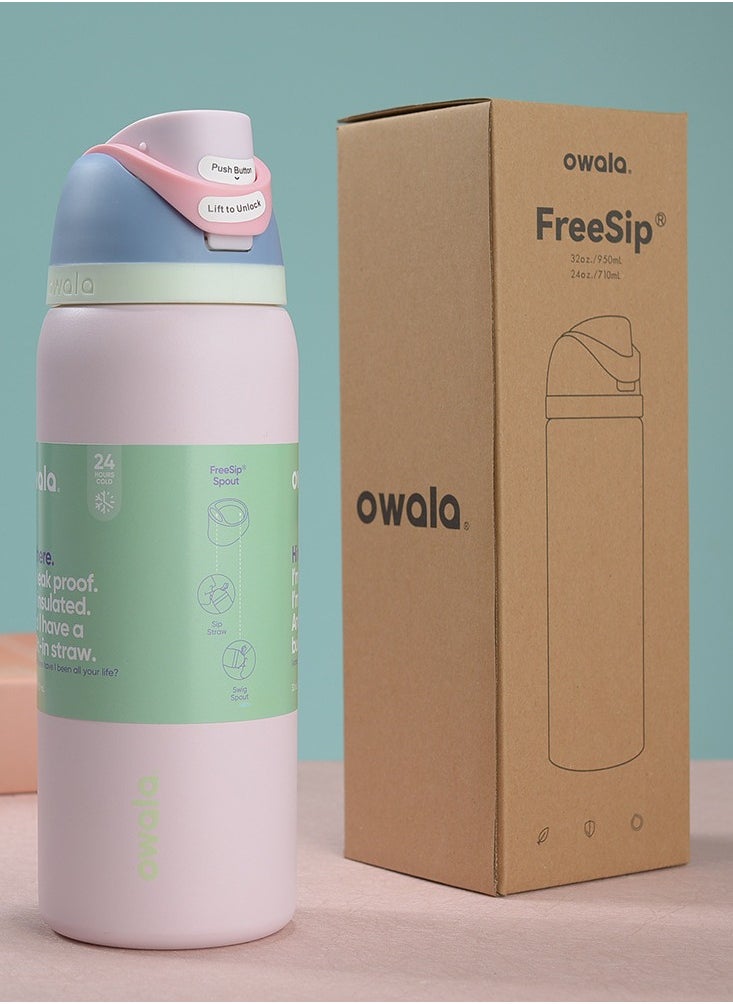 Owala - FreeSip Insulated Stainless Steel Water Bottle with Straw for Sports and Travel, BPA-Free, 32oz, Light pink - Image 1