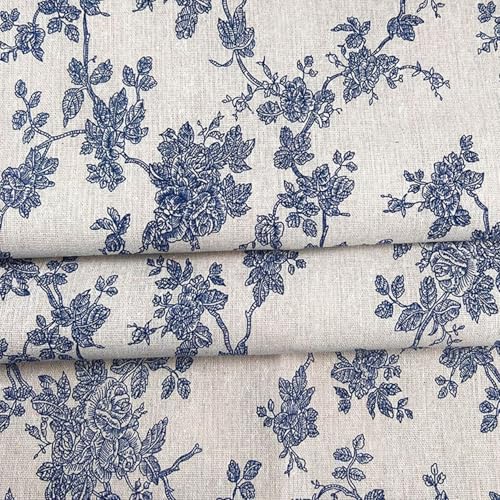 LOVOUS Linen Blue Floral Fabric by The Yard, 62 Inch Width Vintage Flower Patterned Upholstery Fabric for Sewing, Clothing, Quilting, DIY Arts Craft, 5 Yard - Image 1