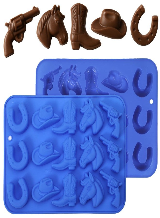 Ajcotahm 2 PCS Cowboy Silicone Molds, 15-Cavity Cowboy Hat Boot Horse Saddle Shape Western Themed Party Baking Mold for Chocolate Candy Fondant Jello Ice Cube Cupcake Dessert Cake Decorations - Image 1