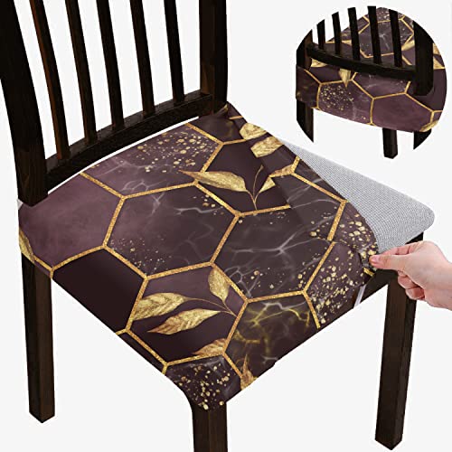 BRIDA Stretchable Floral Geometric Printed Dining Chair Seat Covers Elastic Chair Seat Case Protector, Slipcovers (Golden Hexagon, 4 Seat Cover) - Image 1