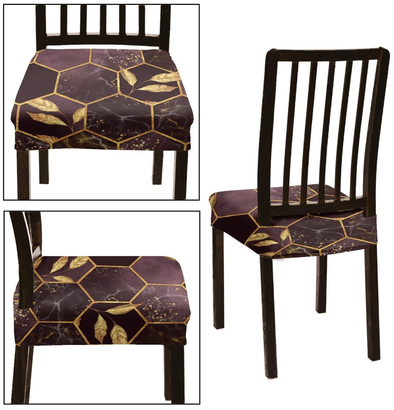 BRIDA Stretchable Floral Geometric Printed Dining Chair Seat Covers Elastic Chair Seat Case Protector, Slipcovers (Golden Hexagon, 4 Seat Cover) - Image 2