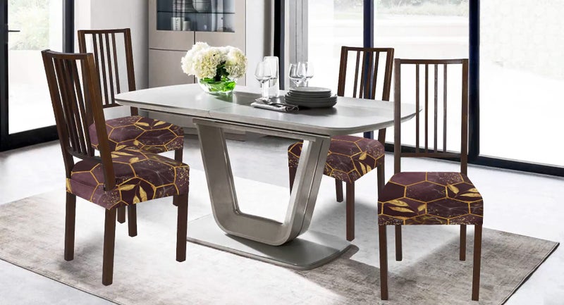 BRIDA Stretchable Floral Geometric Printed Dining Chair Seat Covers Elastic Chair Seat Case Protector, Slipcovers (Golden Hexagon, 4 Seat Cover) - Image 3