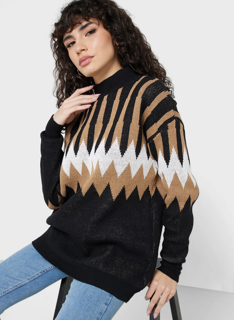 ELLA Aztec Intarsia High Neck Sweater
