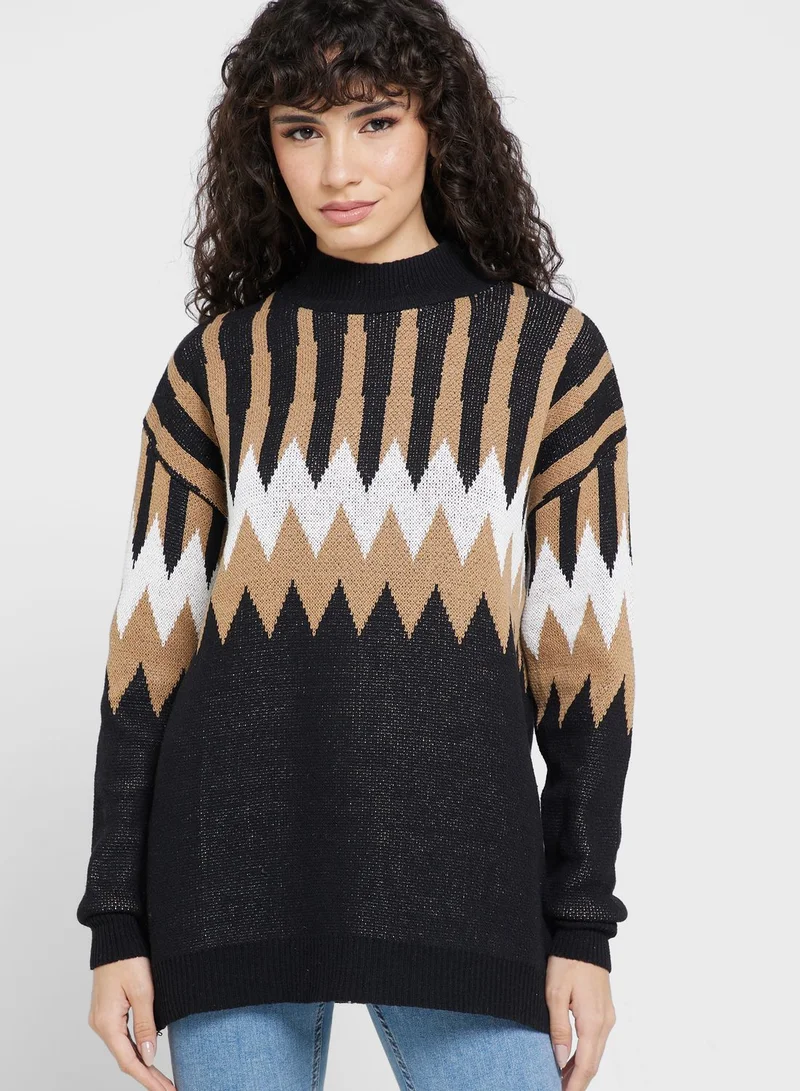 ELLA Aztec Intarsia High Neck Sweater