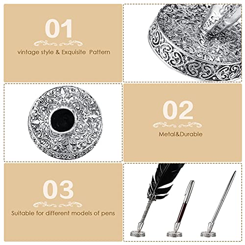 Tenare 2 Pieces Vintage Round Metal Feather Pen Holder Insertion Pen Holder Feather Quill Stand Desktop Dip Pens Base for Office Supplies Student Present(Silver) - Image 3