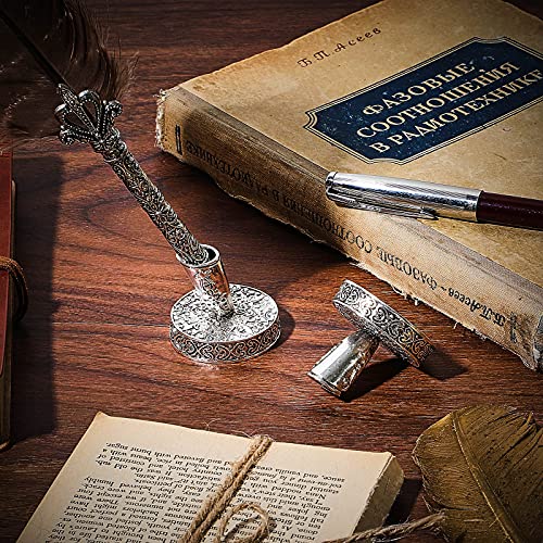 Tenare 2 Pieces Vintage Round Metal Feather Pen Holder Insertion Pen Holder Feather Quill Stand Desktop Dip Pens Base for Office Supplies Student Present(Silver) - Image 4