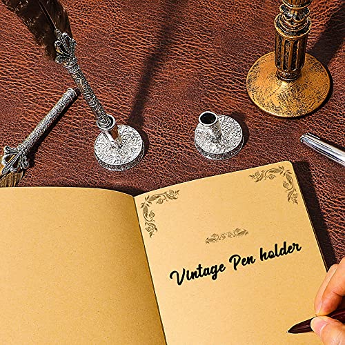 Tenare 2 Pieces Vintage Round Metal Feather Pen Holder Insertion Pen Holder Feather Quill Stand Desktop Dip Pens Base for Office Supplies Student Present(Silver) - Image 5