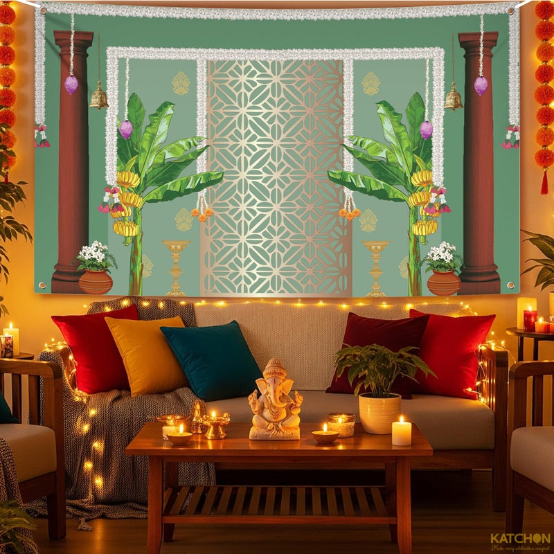 KatchOn, Indian Pooja Backdrop Decoration - 7.5X5 Feets | Green Banana Tree Banner for Ugadi, Vasant Panchami, Maha Shivaratri | Banana Leaf Backdrop Decoration | Annaprasana Decoration Backdrop - Image 4