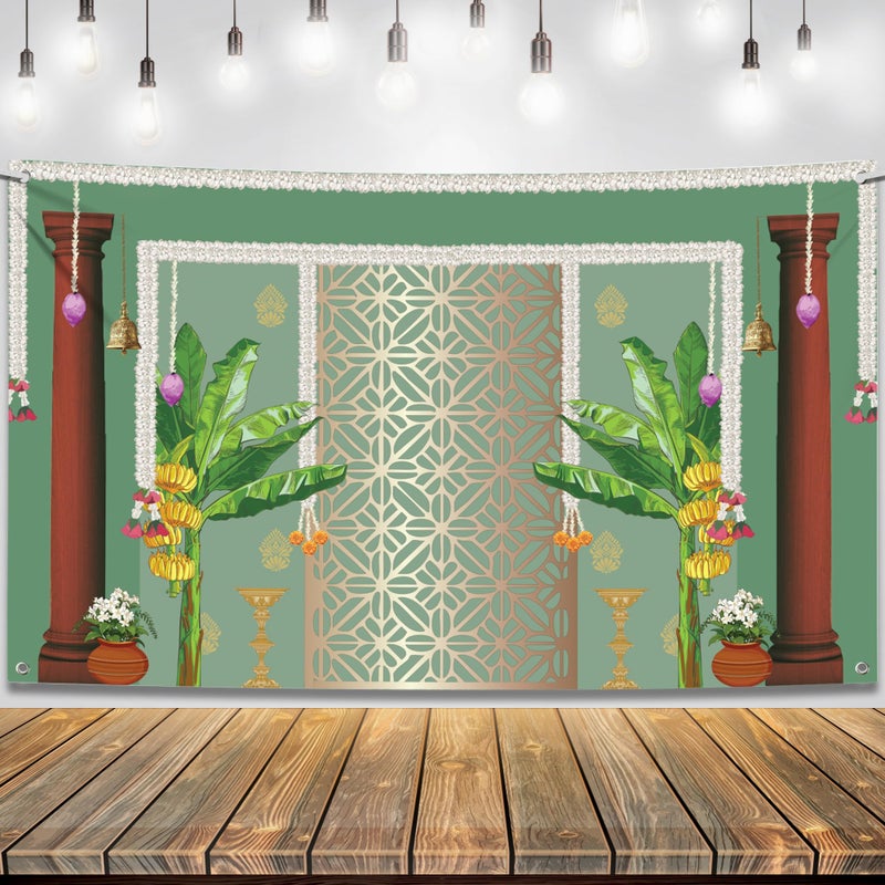 KatchOn, Indian Pooja Backdrop Decoration - 7.5X5 Feets | Green Banana Tree Banner for Ugadi, Vasant Panchami, Maha Shivaratri | Banana Leaf Backdrop Decoration | Annaprasana Decoration Backdrop - Image 1