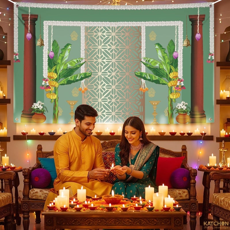 KatchOn, Indian Pooja Backdrop Decoration - 7.5X5 Feets | Green Banana Tree Banner for Ugadi, Vasant Panchami, Maha Shivaratri | Banana Leaf Backdrop Decoration | Annaprasana Decoration Backdrop - Image 2