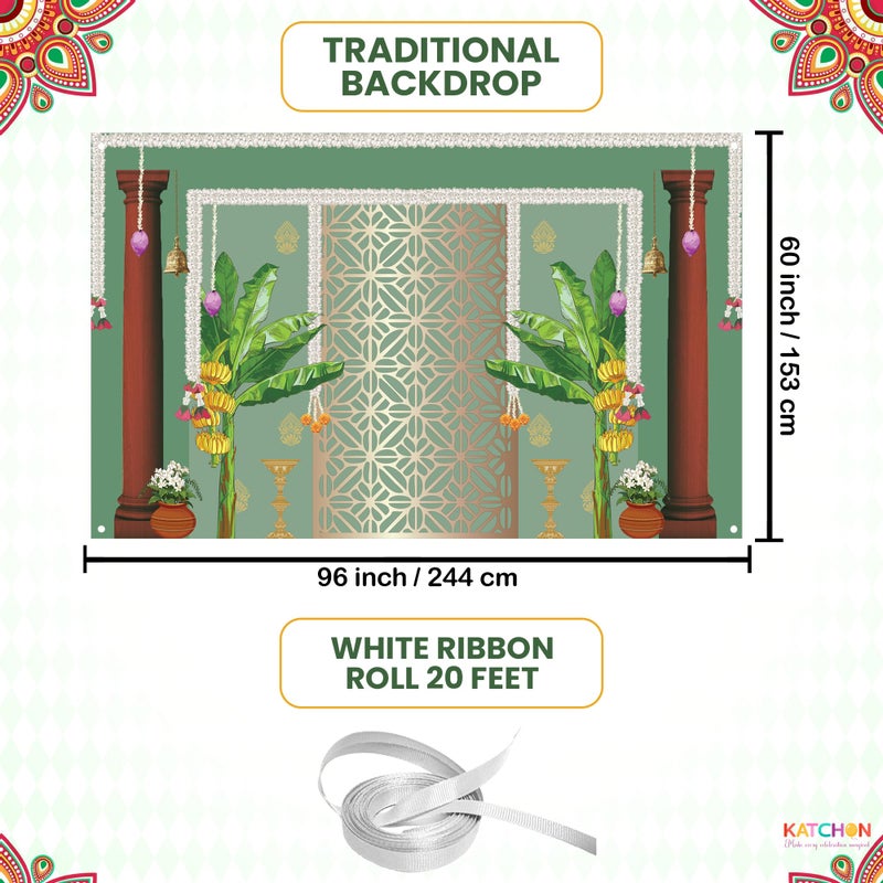 KatchOn, Indian Pooja Backdrop Decoration - 7.5X5 Feets | Green Banana Tree Banner for Ugadi, Vasant Panchami, Maha Shivaratri | Banana Leaf Backdrop Decoration | Annaprasana Decoration Backdrop - Image 3