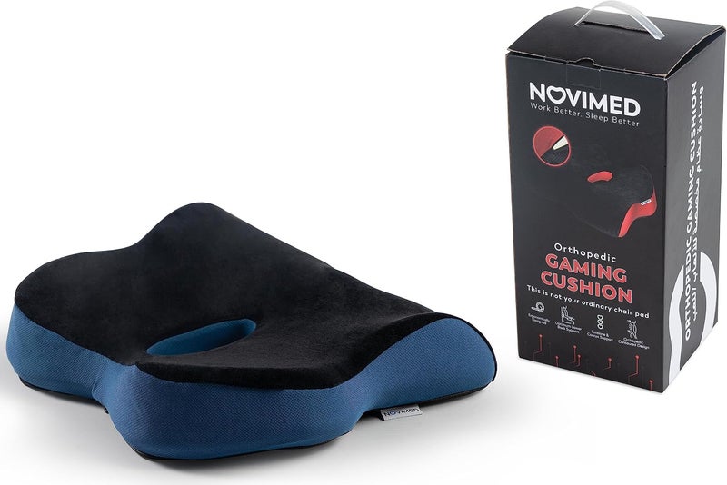 NOVIMED Memory Foam Chair Cushion - Ergonomic Support for Gaming, Car, and Office Chairs - Pain Relief for Sciatica, Back, Tailbone, and Hemorrhoids - Black & Blue - Image 1