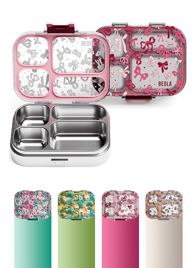 BEOLA BEOLA Stainless Steel Lunch Box for Kids School, 4 Compartment Bento Box for Kids, BPA Free Tiffin with Lid, Leakproof Meal Container, Perfect as Snack Box, Lunchbox for Girls (Blush & Bows)  - Image 1