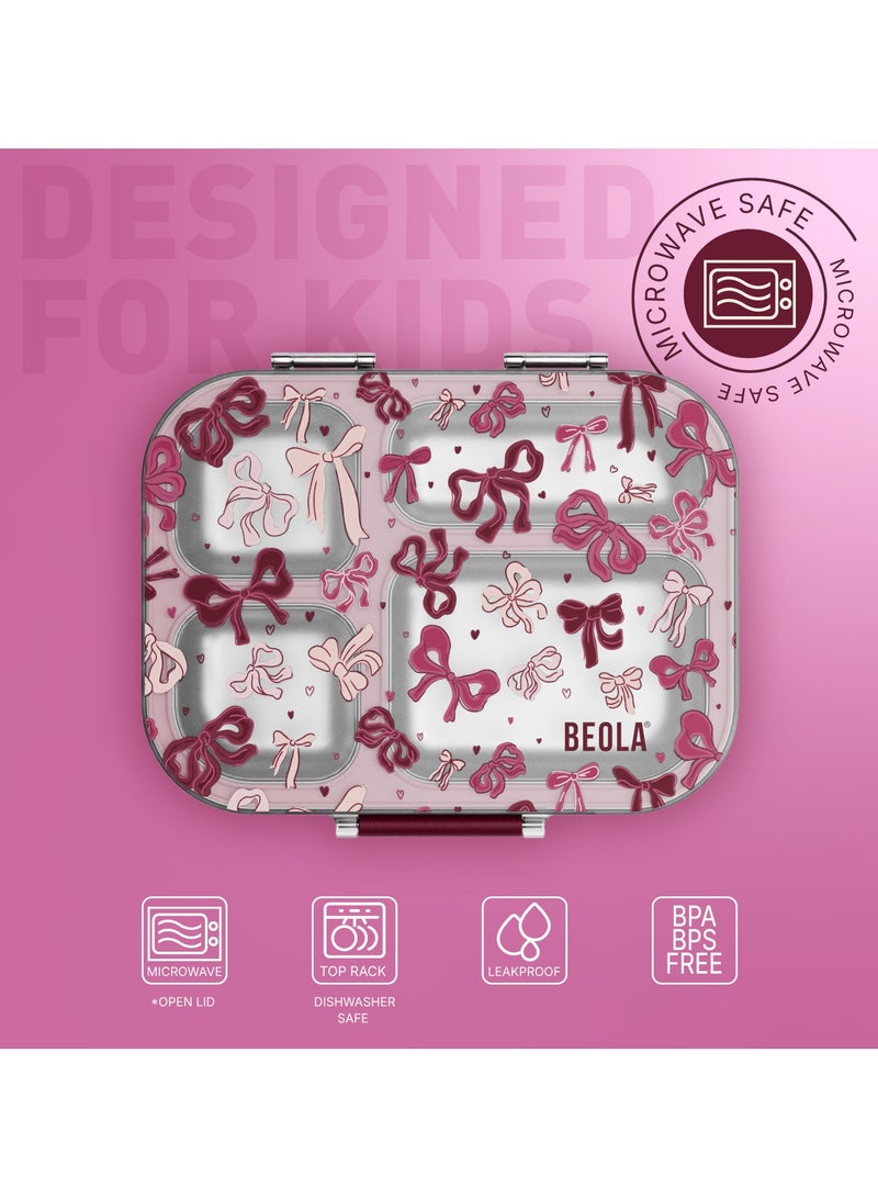 BEOLA BEOLA Stainless Steel Lunch Box for Kids School, 4 Compartment Bento Box for Kids, BPA Free Tiffin with Lid, Leakproof Meal Container, Perfect as Snack Box, Lunchbox for Girls (Blush & Bows)  - Image 2