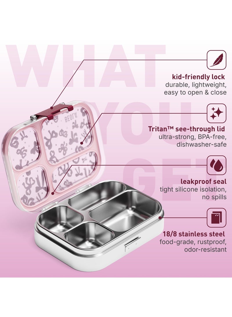 BEOLA BEOLA Stainless Steel Lunch Box for Kids School, 4 Compartment Bento Box for Kids, BPA Free Tiffin with Lid, Leakproof Meal Container, Perfect as Snack Box, Lunchbox for Girls (Blush & Bows)  - Image 3