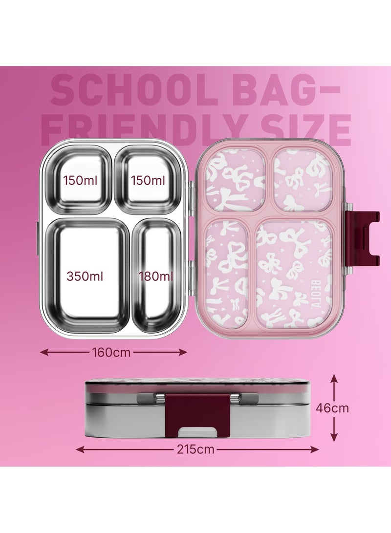 BEOLA BEOLA Stainless Steel Lunch Box for Kids School, 4 Compartment Bento Box for Kids, BPA Free Tiffin with Lid, Leakproof Meal Container, Perfect as Snack Box, Lunchbox for Girls (Blush & Bows)  - Image 4
