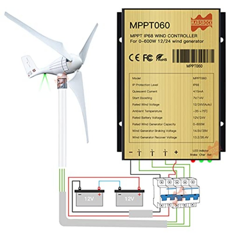 0~600w Mini Wind Charge Discharge MPPT Controller IP67 Waterproof Regular Auto Match Wind Output DC AC 12/24v Voltage Wind Power System Ternary Lithium LFP Lead-Acid Gel Battery - Image 4