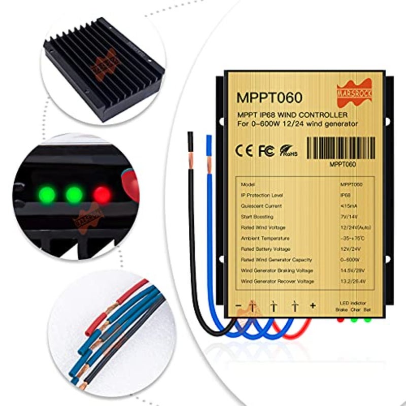 0~600w Mini Wind Charge Discharge MPPT Controller IP67 Waterproof Regular Auto Match Wind Output DC AC 12/24v Voltage Wind Power System Ternary Lithium LFP Lead-Acid Gel Battery - Image 3
