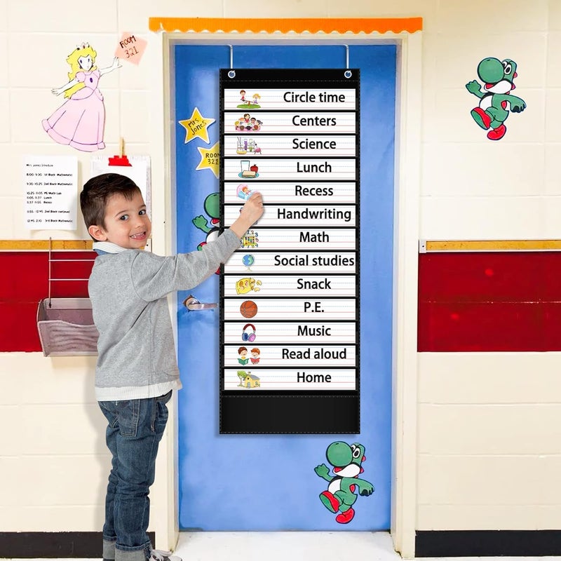 AKAYOK Daily Schedule Pocket Chart, 13+1 Pocket Visual Schedule Chart, 18 Double-Sided Blank Reusable Dry-Eraser Cards, Educational Schedule Charts for Classroom Homeschooling Toddlers-Black - Image 4