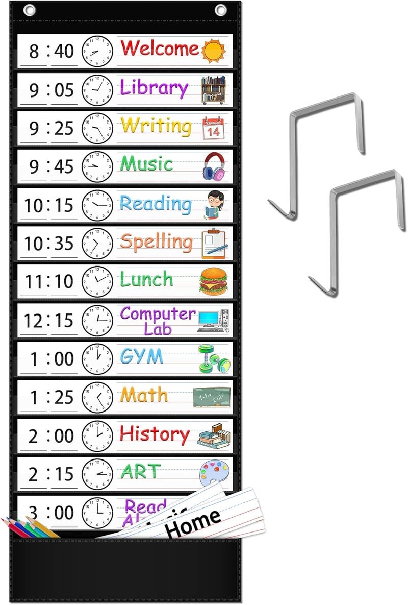 AKAYOK Daily Schedule Pocket Chart, 13+1 Pocket Visual Schedule Chart, 18 Double-Sided Blank Reusable Dry-Eraser Cards, Educational Schedule Charts for Classroom Homeschooling Toddlers-Black - Image 1