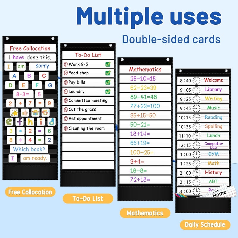 AKAYOK Daily Schedule Pocket Chart, 13+1 Pocket Visual Schedule Chart, 18 Double-Sided Blank Reusable Dry-Eraser Cards, Educational Schedule Charts for Classroom Homeschooling Toddlers-Black - Image 2