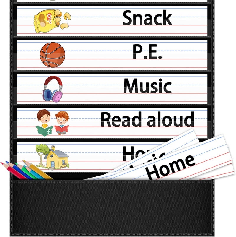 AKAYOK Daily Schedule Pocket Chart, 13+1 Pocket Visual Schedule Chart, 18 Double-Sided Blank Reusable Dry-Eraser Cards, Educational Schedule Charts for Classroom Homeschooling Toddlers-Black - Image 5