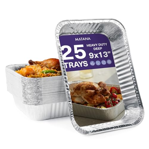 MATANA 9x13 Aluminum Pans Foil Trays (25 Pack) Disposable Baking Tin Foil Pan, Half Size Deep Steam Table Pan, Aluminum Tray, Great for Oven Roasting, Chafing, Heating, Serving Food, Parties - Image 1