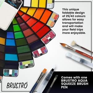 BRUSTRO Artists Watercolour Travel Pan Set of 25 Colours | Foldable, Rich Pigment, Vibrant Colors, Ideal for Plein Air Painting, Professional Use, Fine Art Students (Includes Mixing Palette) - Image 3