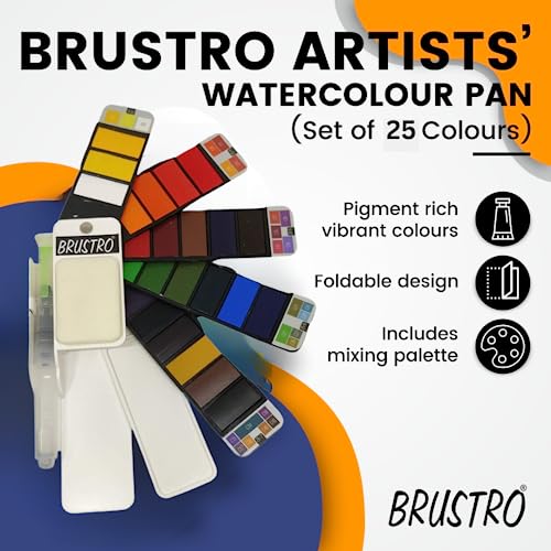 BRUSTRO Artists Watercolour Travel Pan Set of 25 Colours | Foldable, Rich Pigment, Vibrant Colors, Ideal for Plein Air Painting, Professional Use, Fine Art Students (Includes Mixing Palette) - Image 2