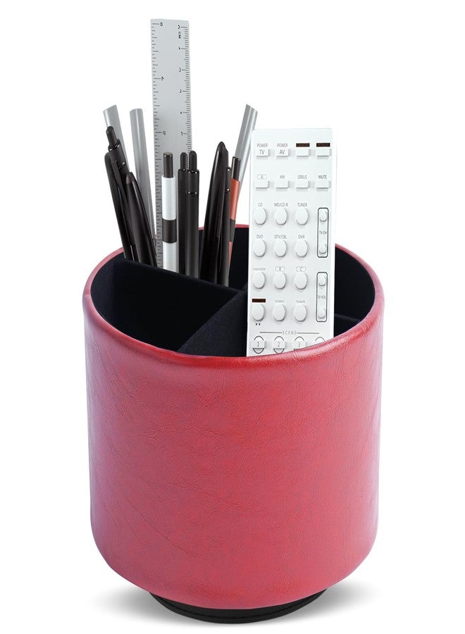 Hennaja Round Leather Art Supply Organizer,Remote Control Holder,360 Degree Spinning,Multi-Functional Pencil Holder,4 Compartments Desktop Stationary Organizer(1-Oil Red) - Image 1
