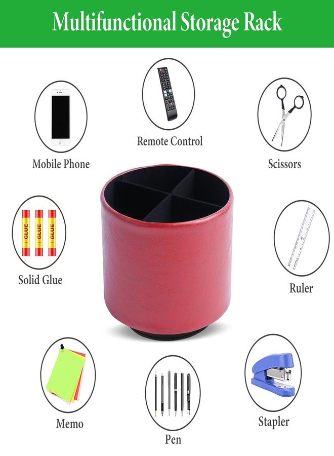Hennaja Round Leather Art Supply Organizer,Remote Control Holder,360 Degree Spinning,Multi-Functional Pencil Holder,4 Compartments Desktop Stationary Organizer(1-Oil Red) - Image 5