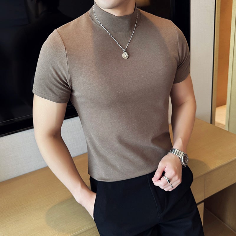 A Generation Of Early Autumn New Men'S High Sense Semi-High Collar Stretch T-Shirt Youth Slim Short Sleeve Powder T-Shirt