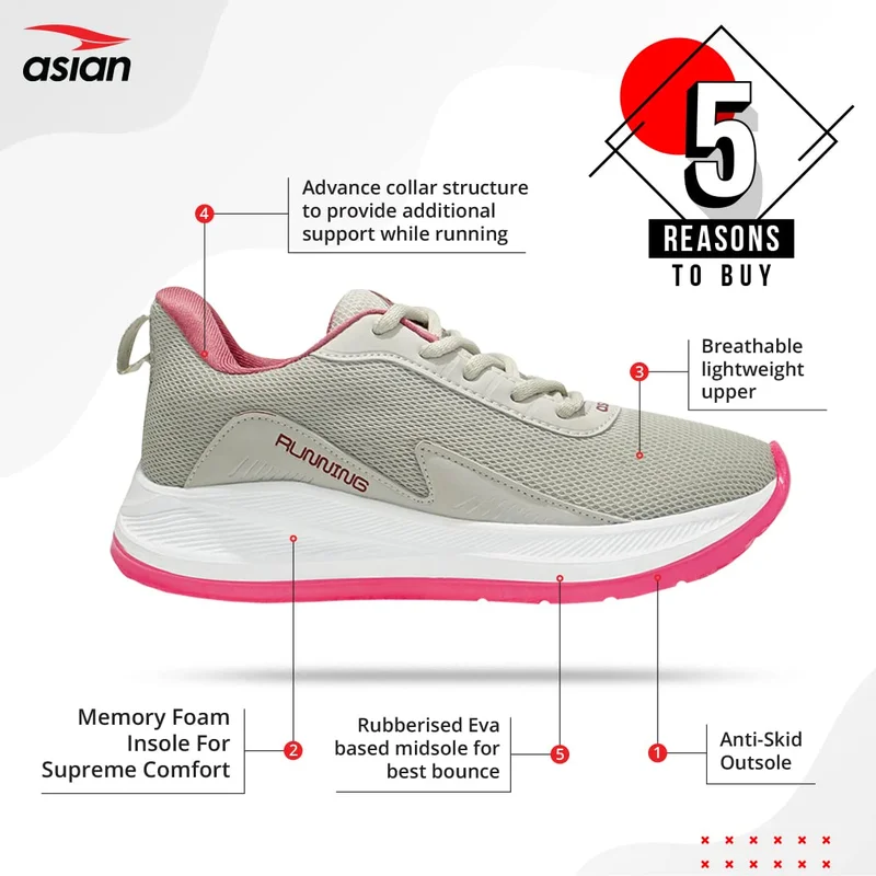 أسيان Light Grey Mauve Sneakers for Women and Girls