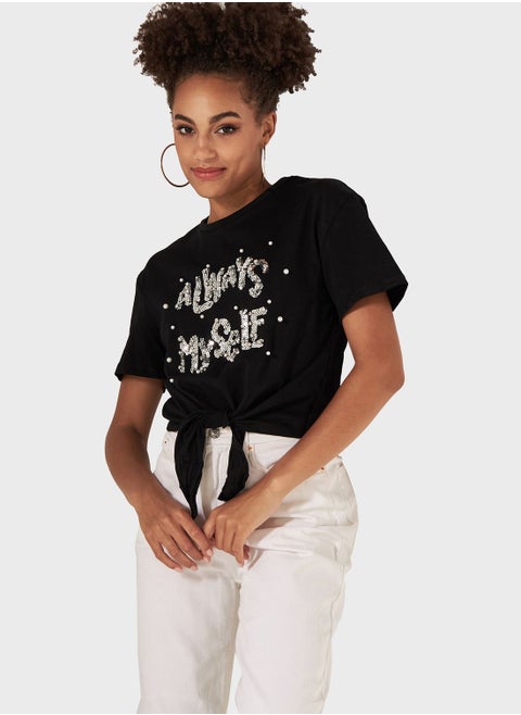 Embellished Knot Detail T-Shirt
