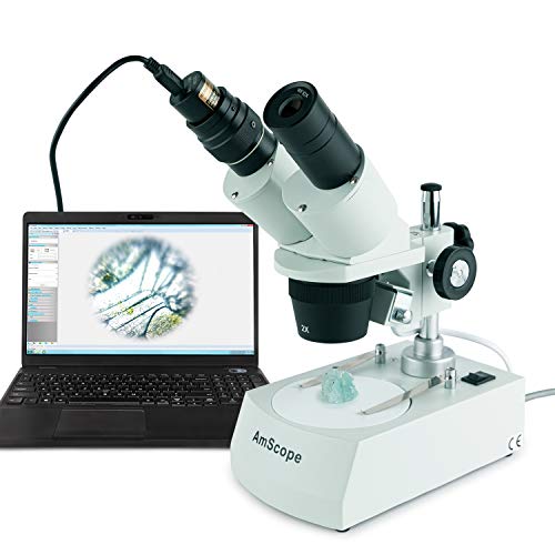 AmScope SE306R-PZ-E Digital Forward-Mounted Binocular Stereo Microscope, WF10x and WF20x Eyepieces, 20X/40X/80X Magnification, 2X and 4X Objectives, Upper and Lower Halogen Lighting, Reversible Black/White Stage Plate, Pillar Stand, 120V, Includes 0.3MP Camera and Software - Image 4