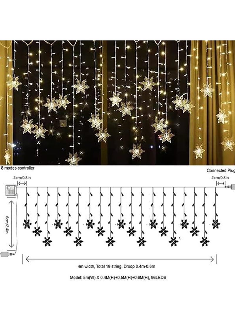 أضواء ستائر LED، 13 قدم/4 أمتار 96 مصباحًا ستائريًا على شكل ندفة ثلج LED، أضواء ستائر نافذة قابلة للتوصيل بالذاكرة مع 8 أوضاع للديكور لأعياد الميلاد وحفلات الزفاف والحفلات والجدران وديكورات المنزل (أبيض دافئ، طاقة شمسية) - pzsku/Z1A55BCDCC66D50DE87F4Z/45/_/1731912550/17da4a15-a62b-483b-a0e1-b223ebf33852