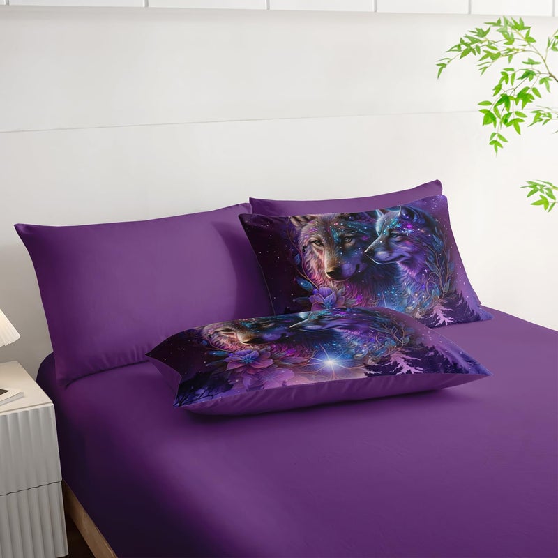 Tuzaovy Wolf Comforter Set 7 Piece Twin Size Bed in A Bag,Animal Bedding for Room Decor,Soft Purple Wolf Comforter Rose Bedding with Fitted Sheet,Flat Sheet, Pillowcases & Shams - Image 4
