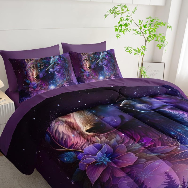 Tuzaovy Wolf Comforter Set 7 Piece Twin Size Bed in A Bag,Animal Bedding for Room Decor,Soft Purple Wolf Comforter Rose Bedding with Fitted Sheet,Flat Sheet, Pillowcases & Shams - Image 3