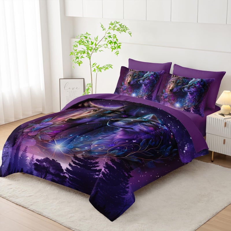 Tuzaovy Wolf Comforter Set 7 Piece Twin Size Bed in A Bag,Animal Bedding for Room Decor,Soft Purple Wolf Comforter Rose Bedding with Fitted Sheet,Flat Sheet, Pillowcases & Shams - Image 5