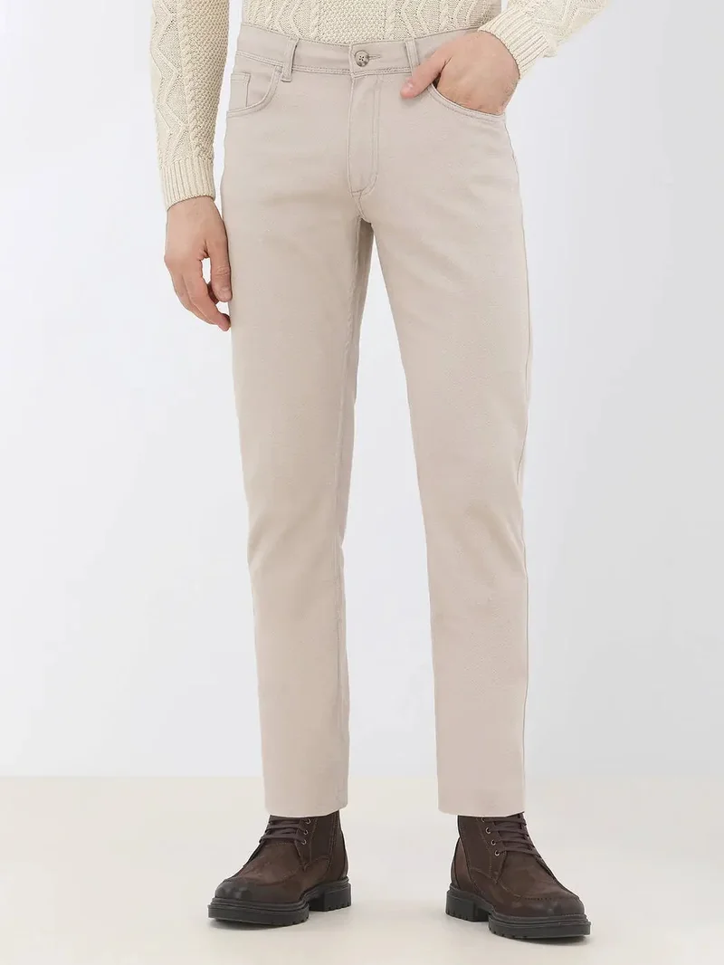 Kip Beige Weaving Slim Fit Casual Cotton Blended Trousers