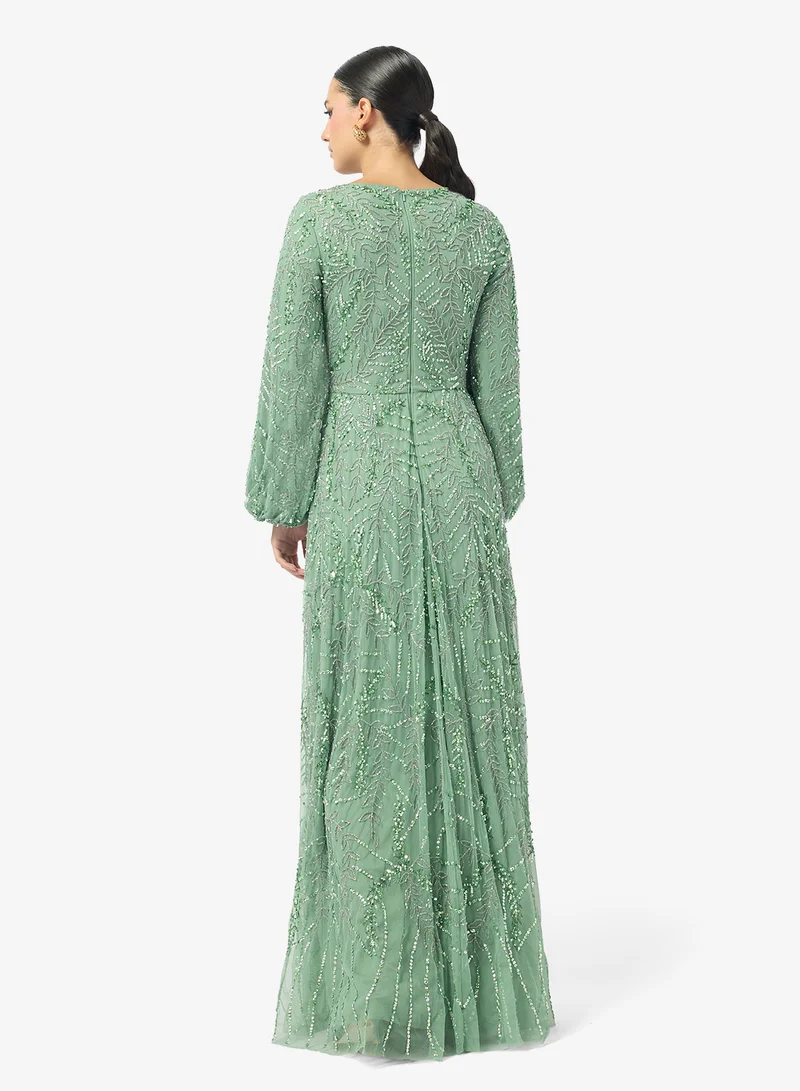 MARYISA Embellished Long Sleeve Sequin Maxi Dress