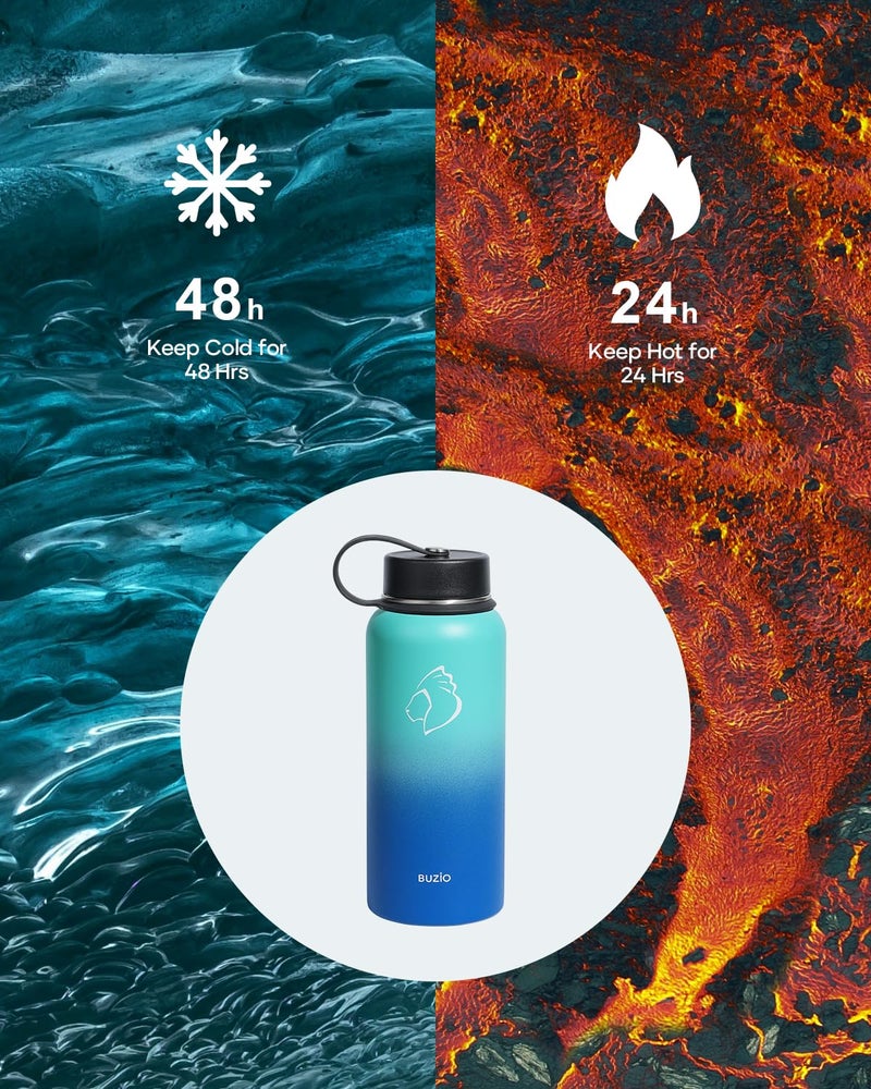 BUZIO Stainless Steel Water Bottle (Cold for 48 Hrs  Hot for 24 Hrs)  32 oz Vacuum Insulated Water Bottle with Straw Lid and Flex Cap (Double Wall  Wide Mouth  BPA Free  Leak Proof)  Caribbean Blue - Image 2