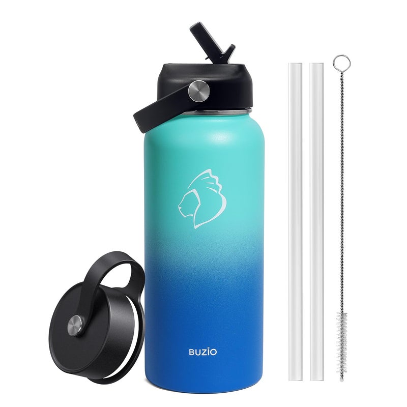 BUZIO Stainless Steel Water Bottle (Cold for 48 Hrs  Hot for 24 Hrs)  32 oz Vacuum Insulated Water Bottle with Straw Lid and Flex Cap (Double Wall  Wide Mouth  BPA Free  Leak Proof)  Caribbean Blue - Image 1