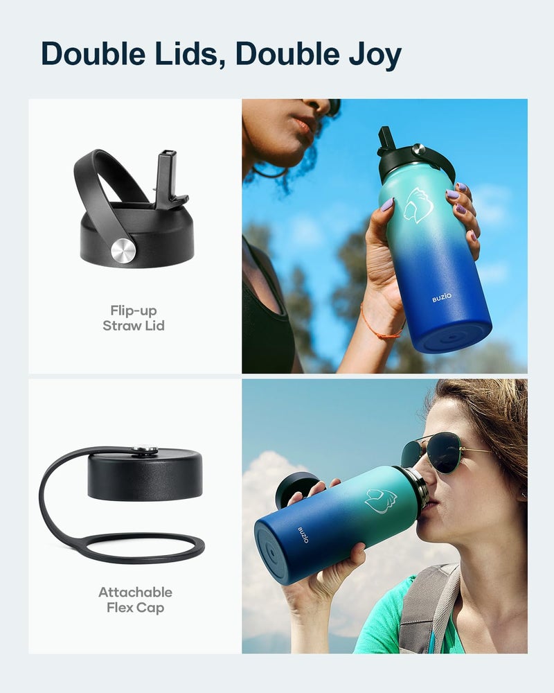 BUZIO Stainless Steel Water Bottle (Cold for 48 Hrs  Hot for 24 Hrs)  32 oz Vacuum Insulated Water Bottle with Straw Lid and Flex Cap (Double Wall  Wide Mouth  BPA Free  Leak Proof)  Caribbean Blue - Image 3