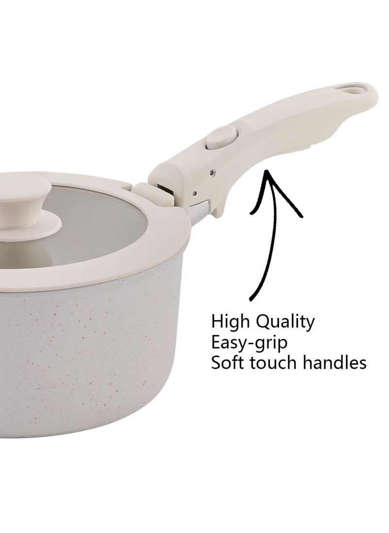 ايست من نون 12 Piece Detachable Granite Cookware Set, Non-Stick, 1x24cm Frypan, 1x28cm Frypan, 1x18cm Saucepan with Tempered Glass Lid, 1x20cm Saucepan with Tempered Glass Lid, 1x26cm Saute Pan with Tempered Glass Lid, 1x18cm Fridge Lid, 1x20cm Fridge Lid, 2 handles - Ivory  - Image 4