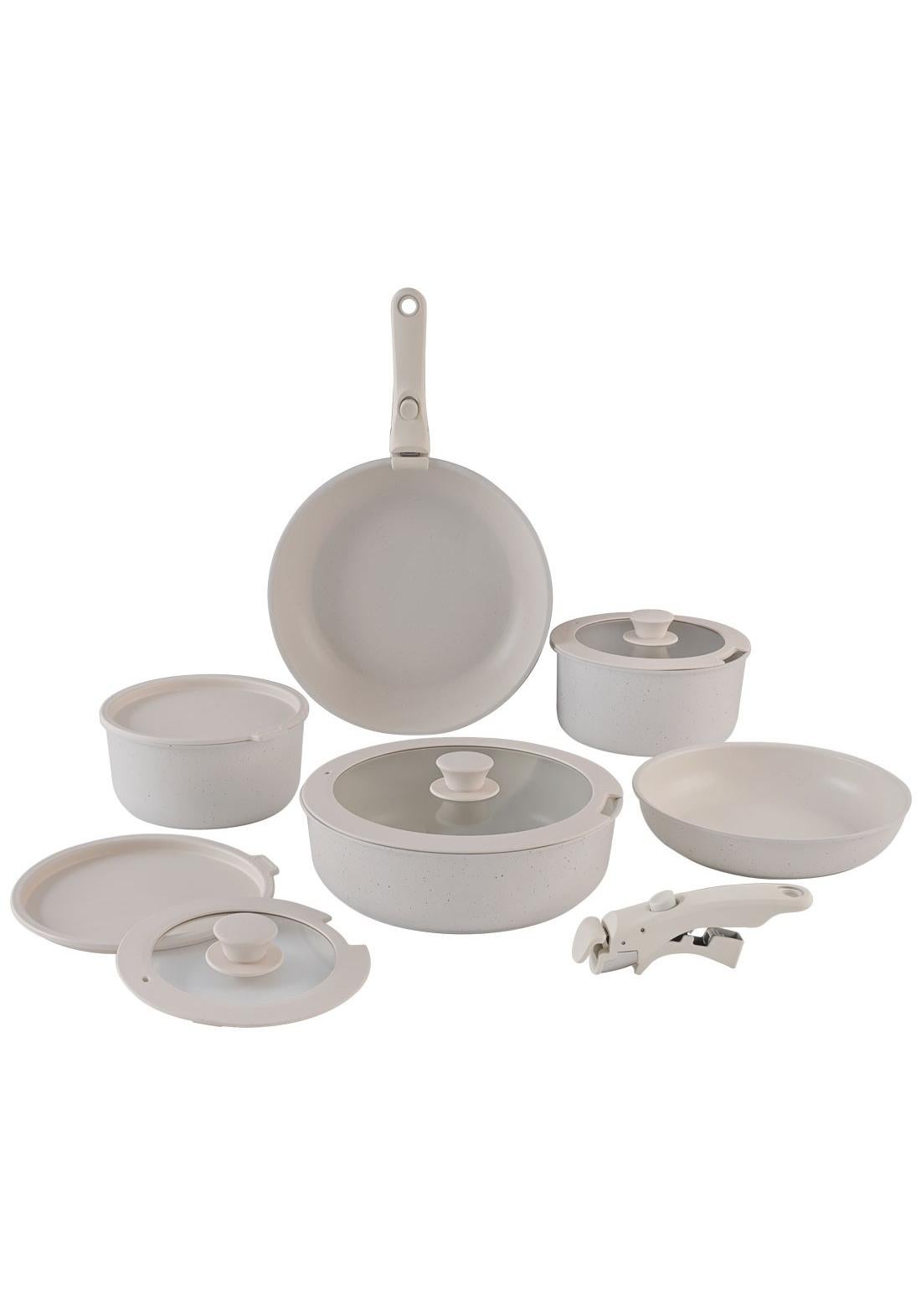 12 Piece Detachable Granite Cookware Set, Non-Stick, 1x24cm Frypan, 1x28cm Frypan, 1x18cm Saucepan with Tempered Glass Lid, 1x20cm Saucepan with Tempered Glass Lid, 1x26cm Saute Pan with Tempered Glass Lid, 1x18cm Fridge Lid, 1x20cm Fridge Lid, 2 handles - Ivory