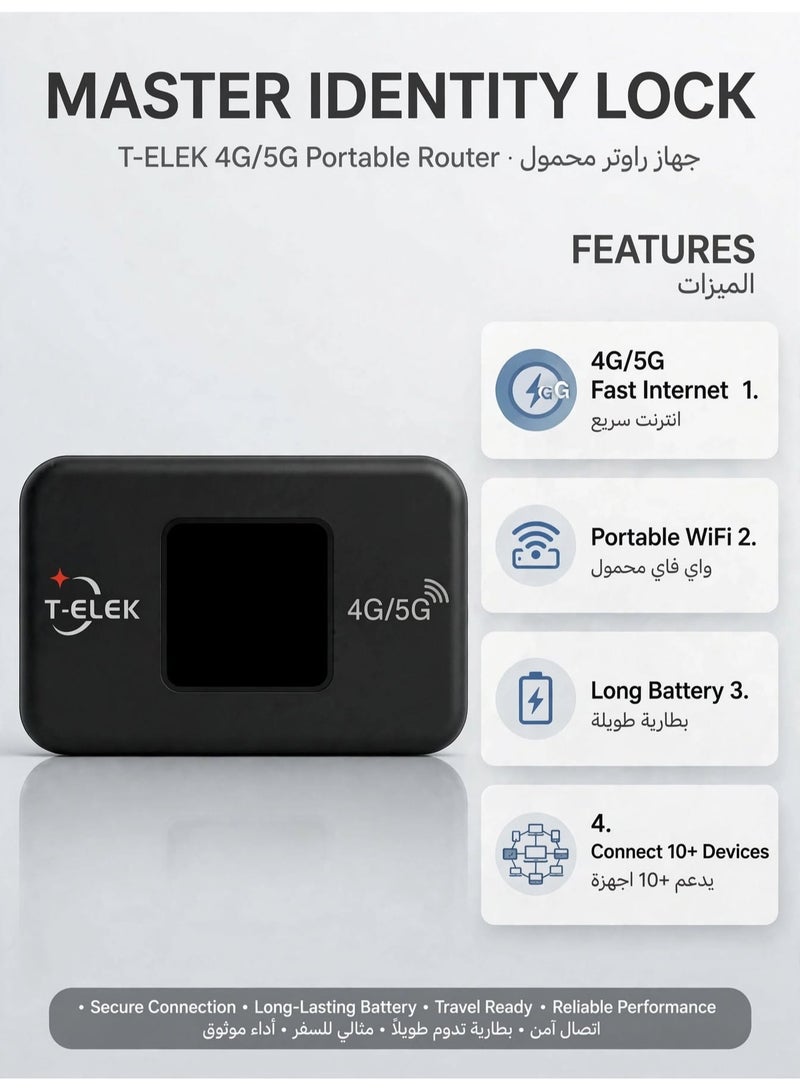 T-ELEK TM-9 5G LTE Wireless Modem WiFi Pro – Black, 300Mbps Portable WiFi Router, 3000mAh Rechargeable Battery, LCD Display, Type-C Charging, Supports Up to 12 Devices - Image 3